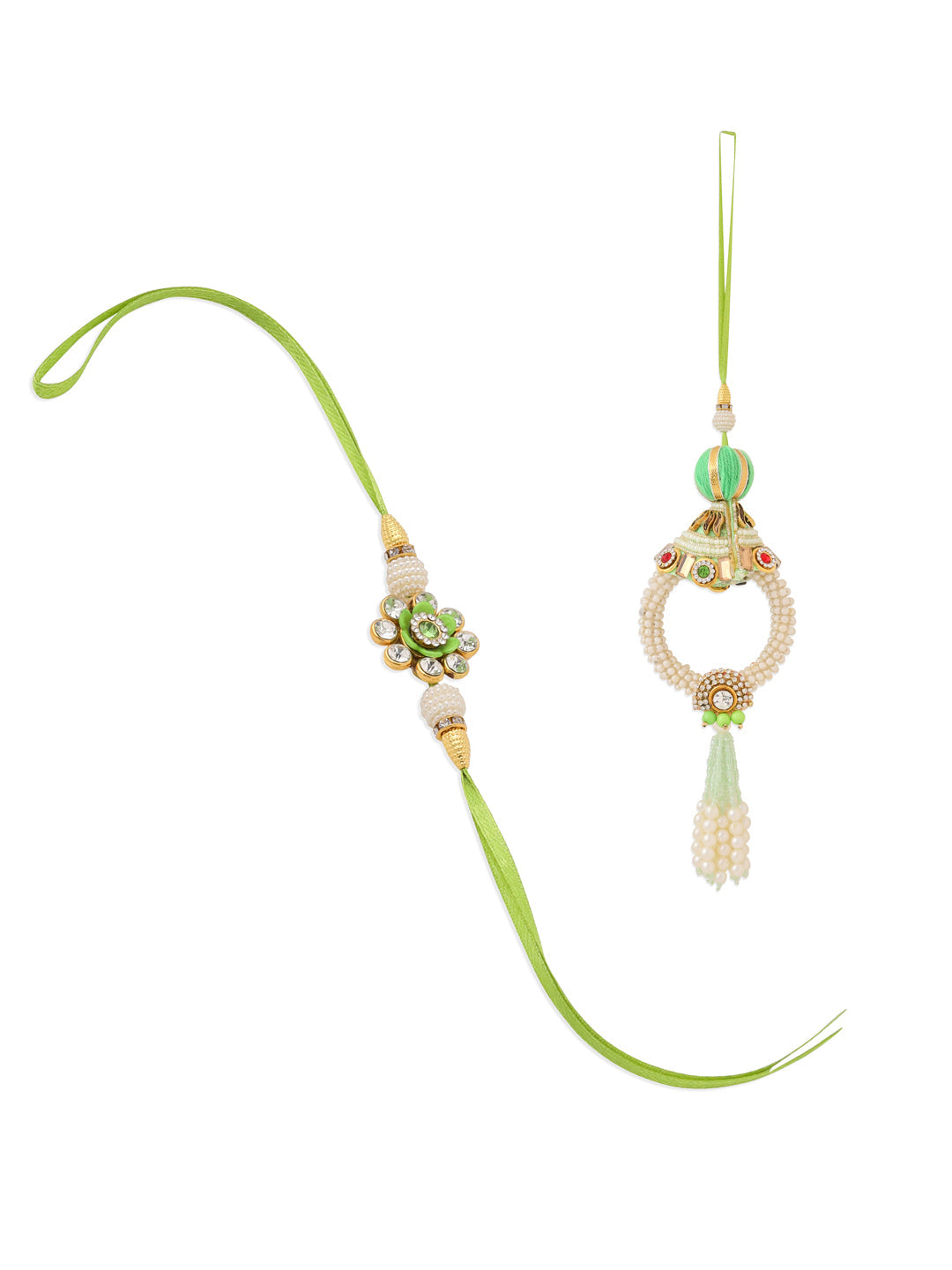 NVR Set of 2 Handcrafted Green Artificial Stones & Pearls Bhaiya Bhabhi Rakhi Combo | Swadesiicart