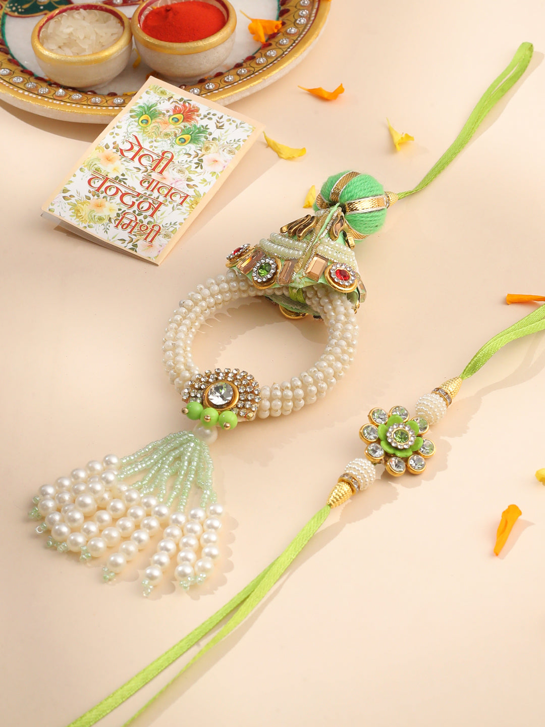 NVR Set of 2 Handcrafted Green Artificial Stones & Pearls Bhaiya Bhabhi Rakhi with Roli Chawal Chandan & Mishri | Swadesiicart