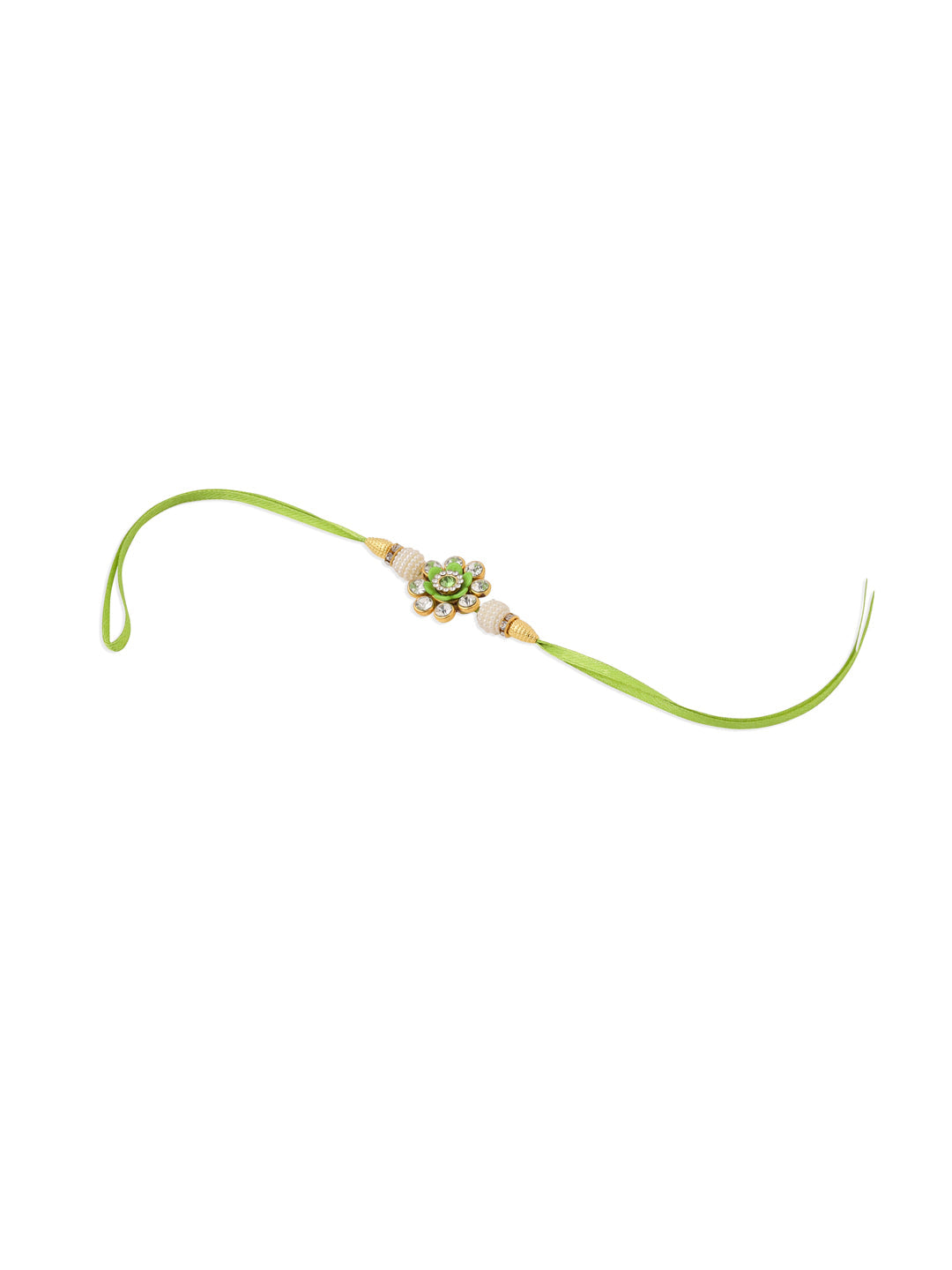 NVR Set of 2 Handcrafted Green Artificial Stones & Pearls Bhaiya Bhabhi Rakhi with Roli Chawal Chandan & Mishri | Swadesiicart
