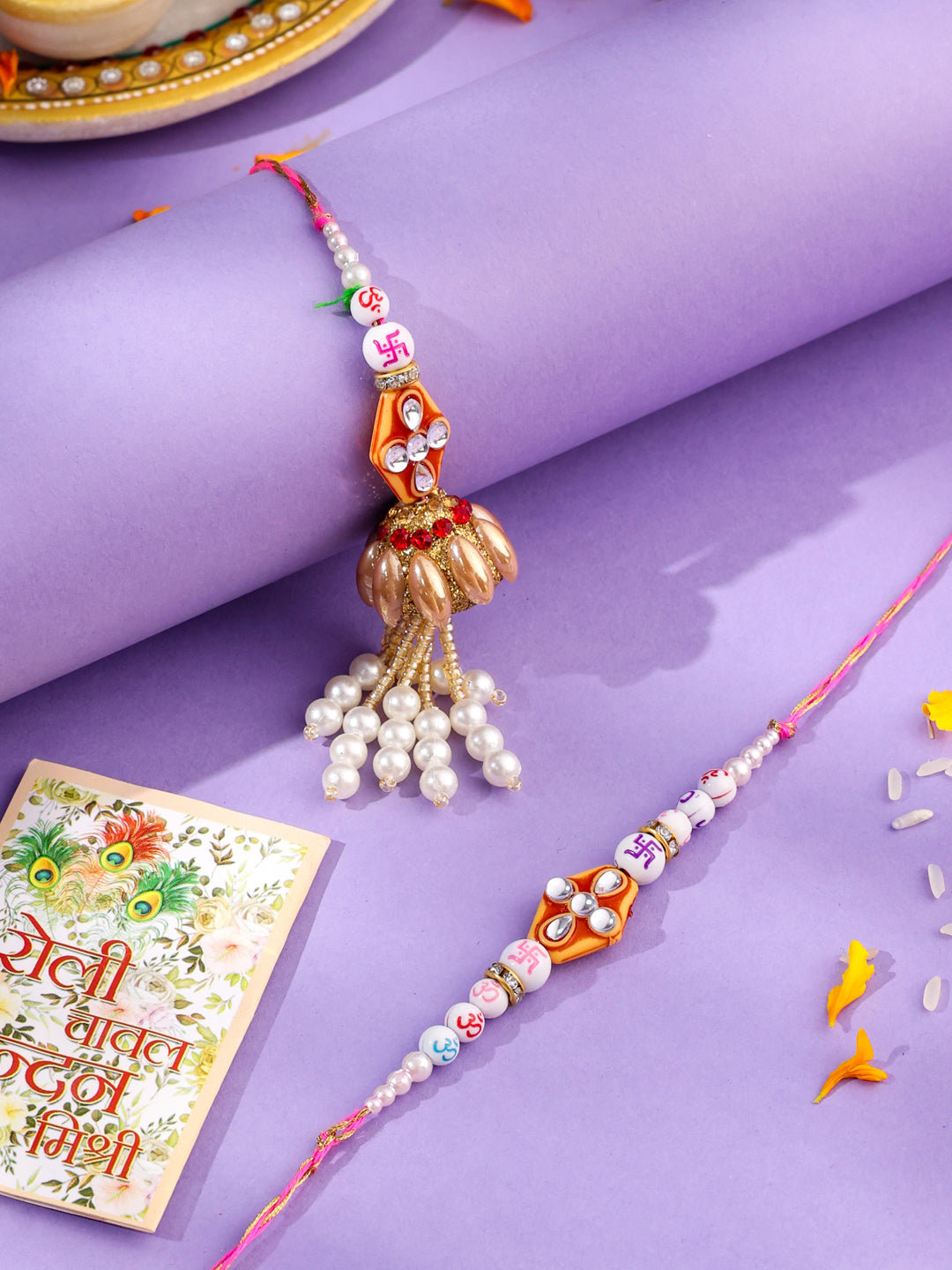 NVR Set of 2 Multicolor Artificial Stones & Pearls Bhaiya Bhabhi Rakhi with Roli Chawal Chandan & Mishri - Swadesiicart