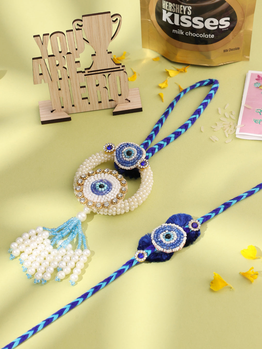 NVR Set of 2 Blue Evil Eye Artificial Stones & Pearls Bhaiya Bhabhi Rakhi Combo | Swadesiicart