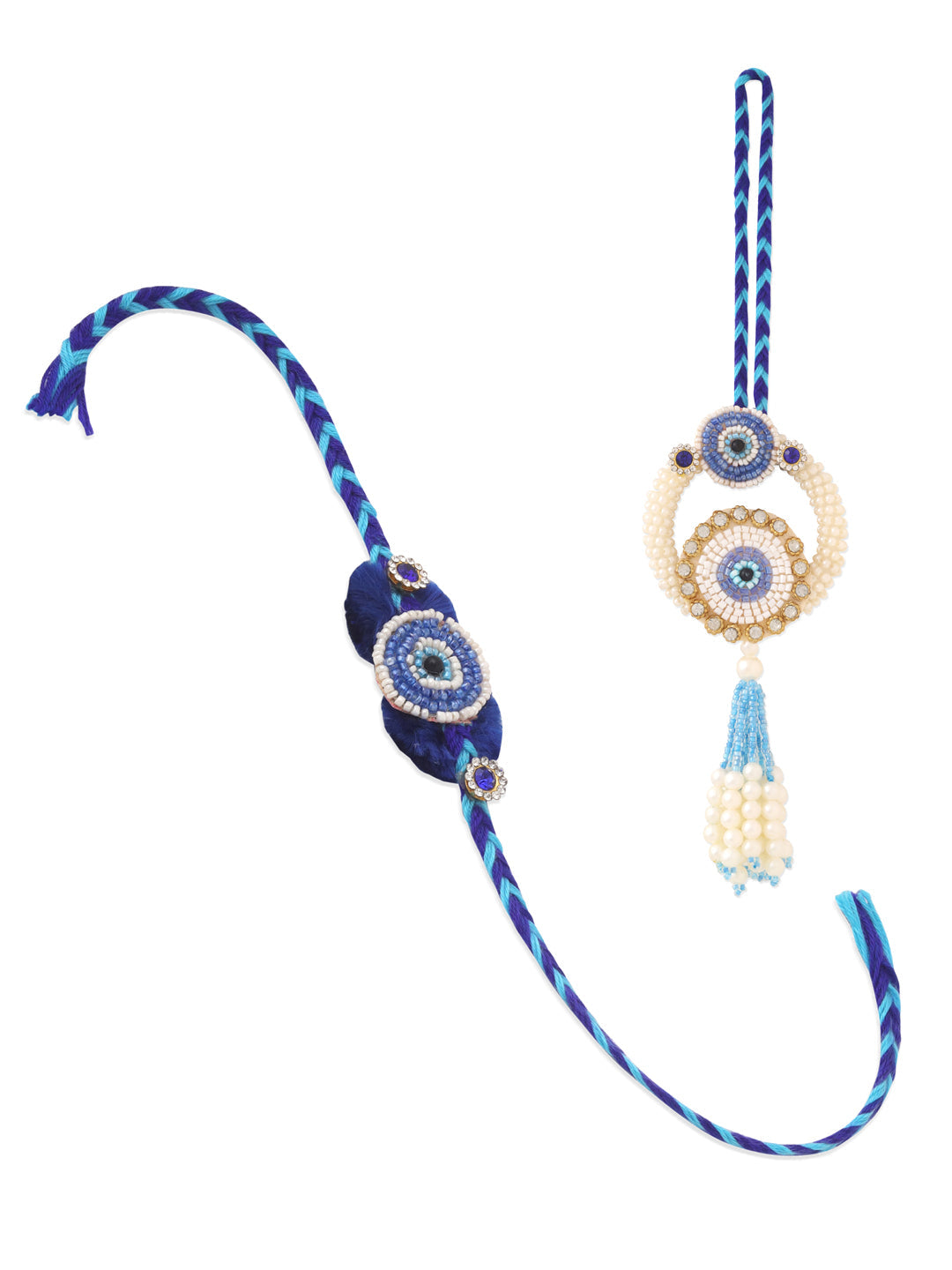 NVR Set of 2 Blue Evil Eye Artificial Stones & Pearls Bhaiya Bhabhi Rakhi Combo | Swadesiicart
