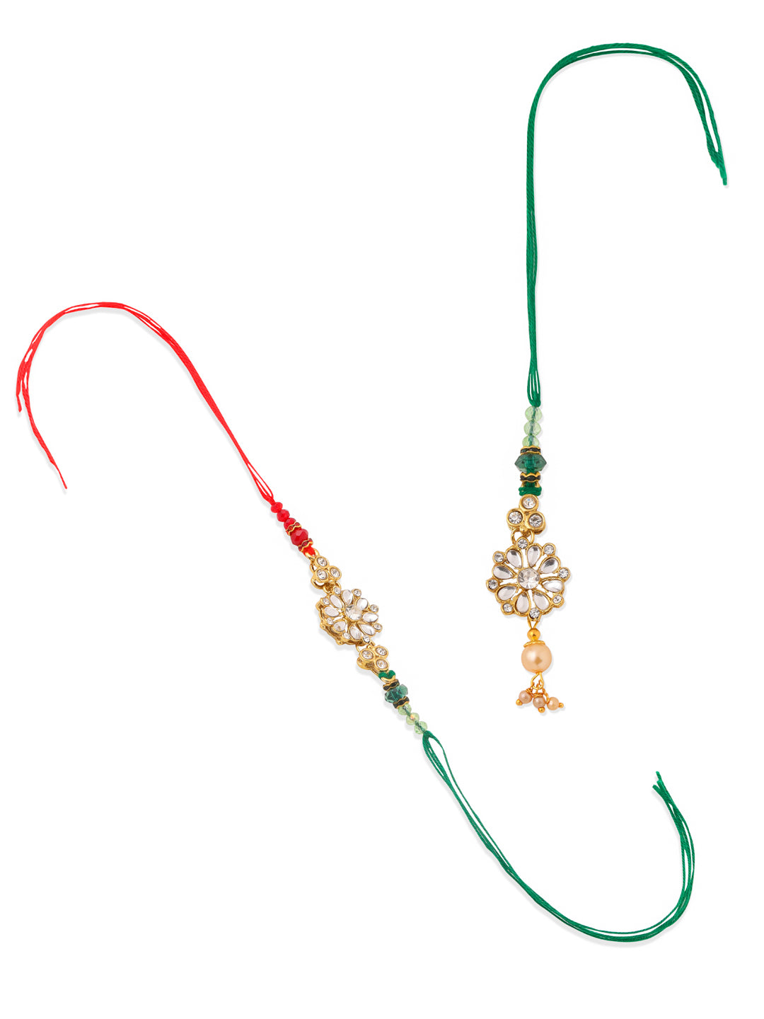 NVR Set of 2 Gold Toned Kundan Studded Floral Design Bhaiya Bhabhi Rakhi Combo | Swadesiicart