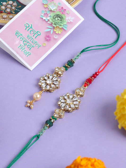 NVR Set of 2 Gold Toned Kundan Studded Floral Design Bhaiya Bhabhi Rakhi with Roli Chawal Chandan & Mishri - Swadesiicart