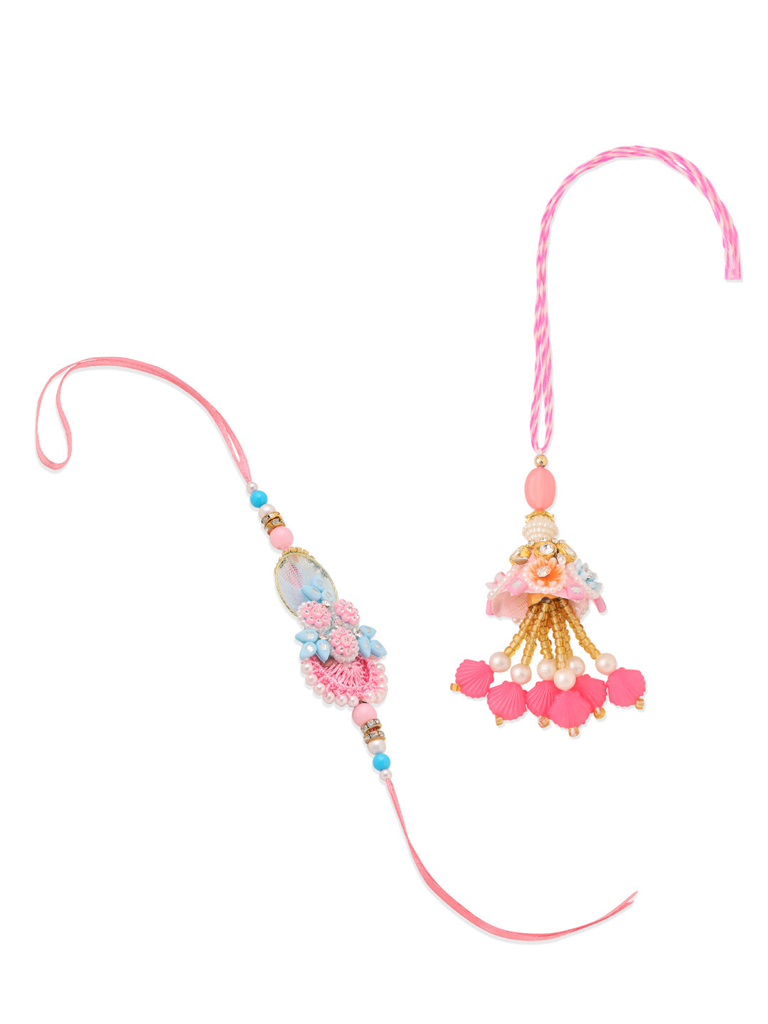NVR Set of 2 Multicolor Handcrafted Artificial Stones & Pearls Bhaiya Bhabhi Rakhi with Roli Chawal Chandan & Mishri | Swadesiicart