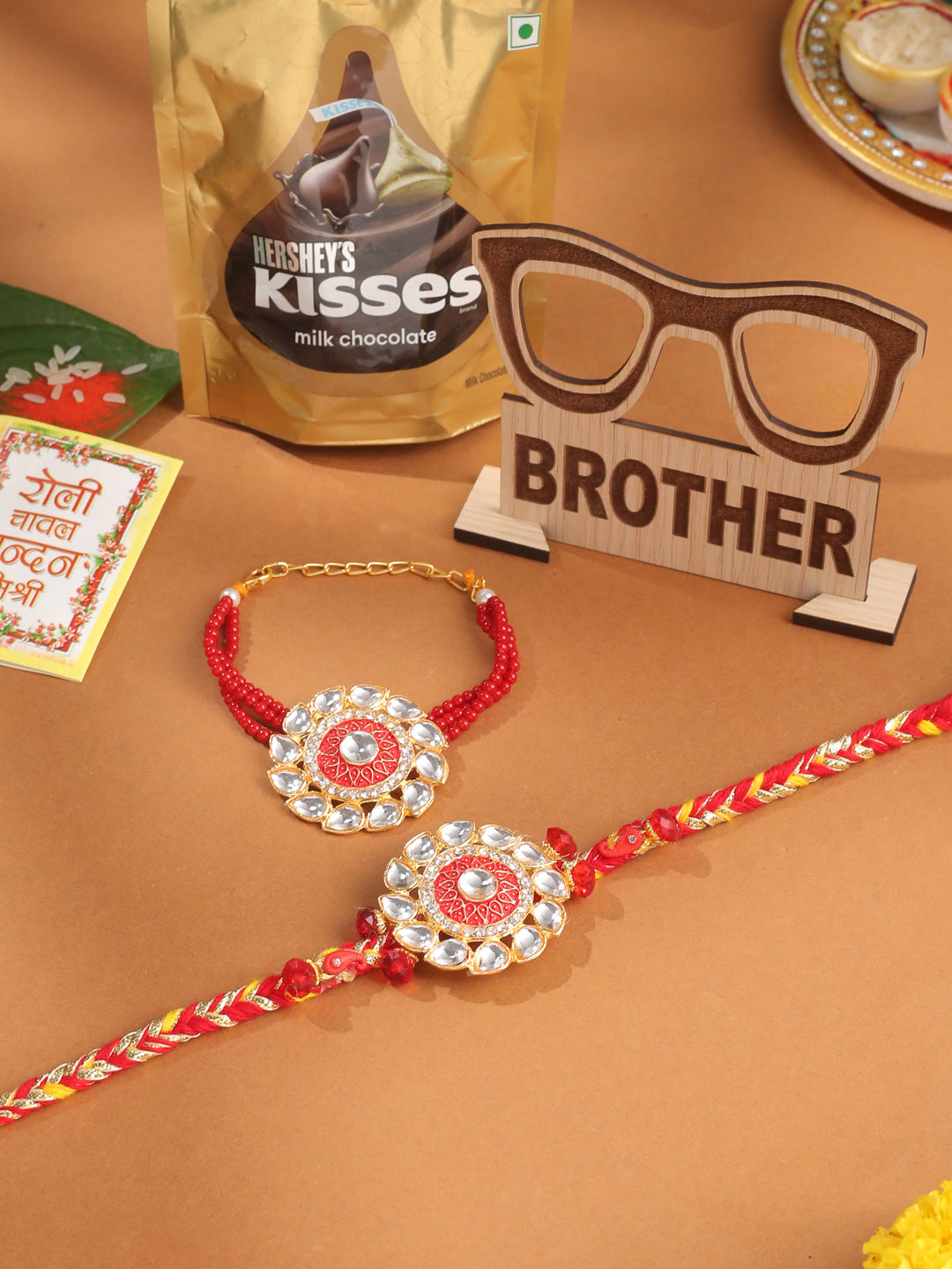 NVR Set of 2 Handmade Red Kundan Studded Floral Design Bhaiya Bhabhi Rakhi Combo | Swadesiicart