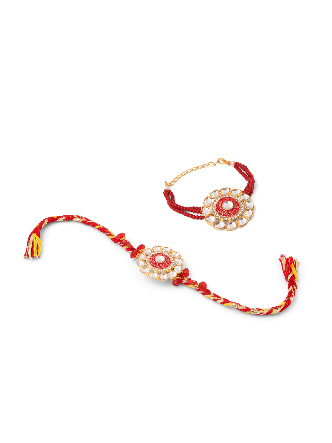 NVR Set of 2 Handmade Red Kundan Studded Floral Design Bhaiya Bhabhi Rakhi Combo | Swadesiicart