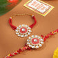 NVR Set of 2 Handmade Red Kundan Studded Floral Design Bhaiya Bhabhi Rakhi with Roli Chawal Chandan & Mishri | Swadesiicart