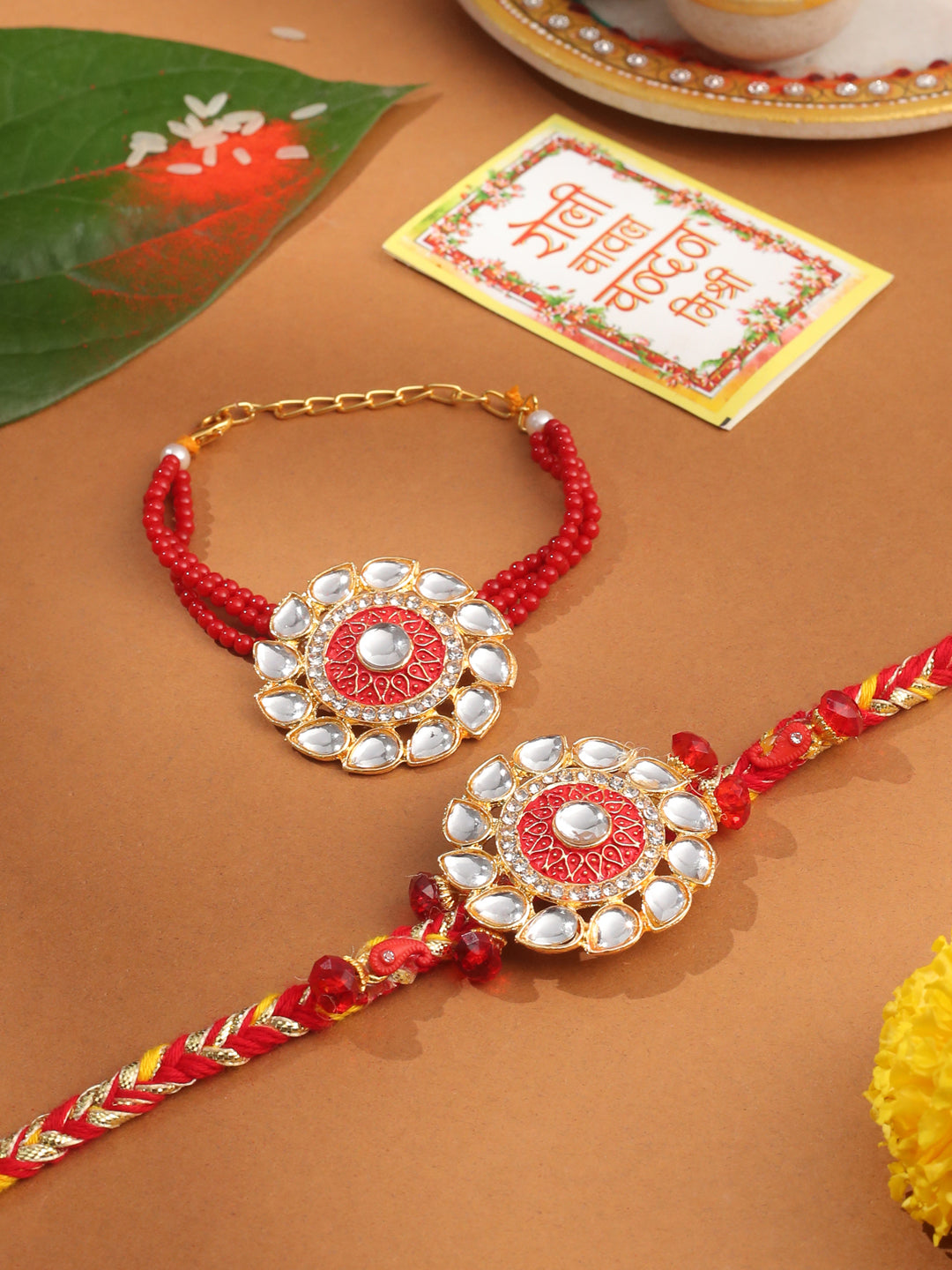 NVR Set of 2 Handmade Red Kundan Studded Floral Design Bhaiya Bhabhi Rakhi with Roli Chawal Chandan & Mishri | Swadesiicart