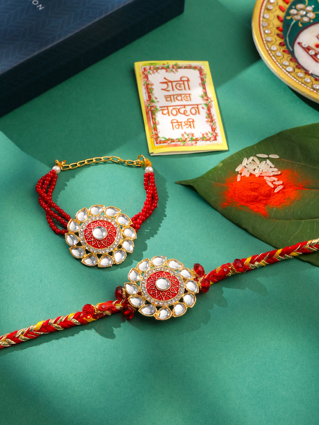 NVR Set of 2 Handmade Red Kundan Studded Floral Design Bhaiya Bhabhi Rakhi with Roli Chawal Chandan & Mishri | Swadesiicart