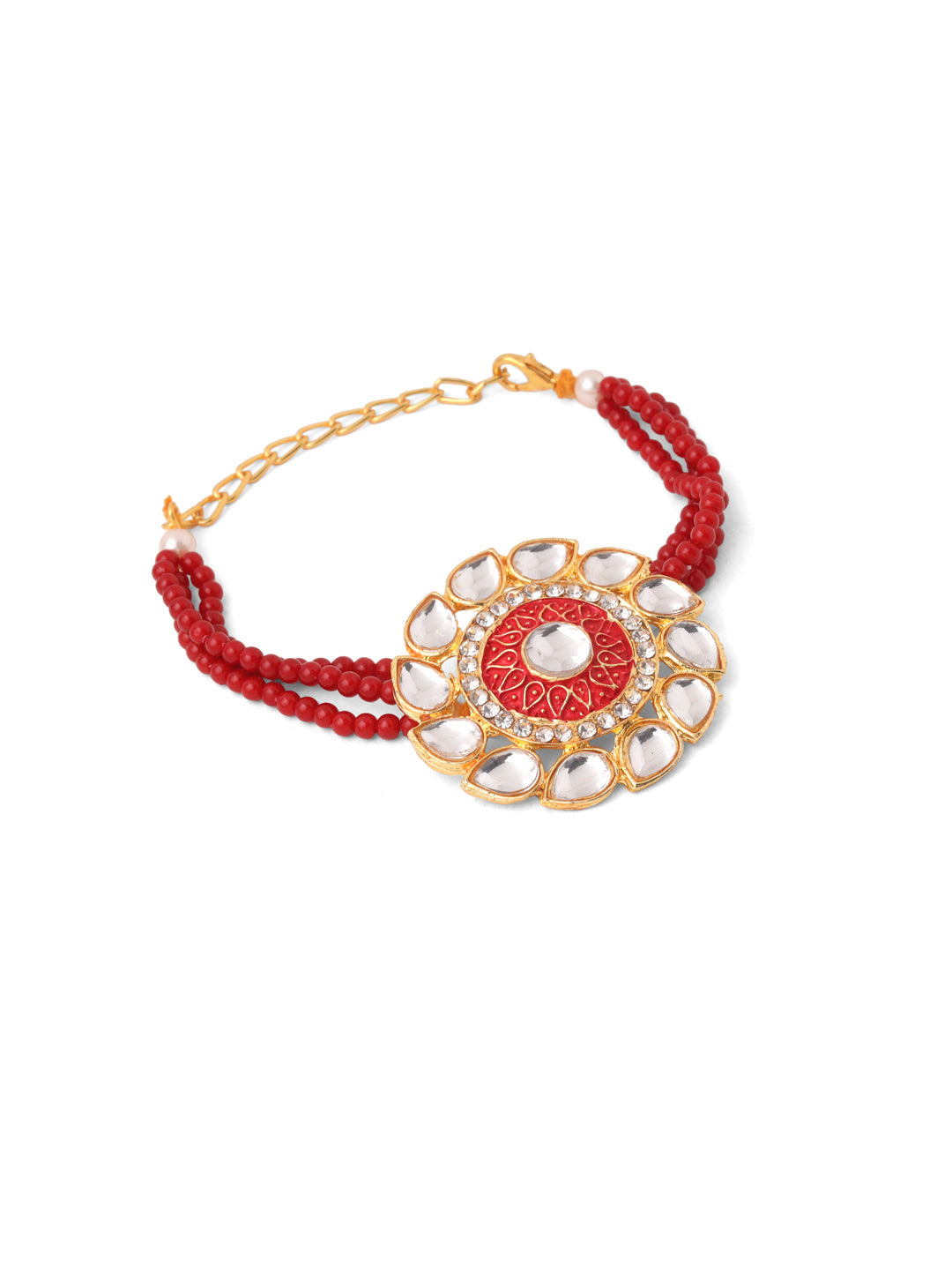 NVR Set of 2 Handmade Red Kundan Studded Floral Design Bhaiya Bhabhi Rakhi with Roli Chawal Chandan & Mishri | Swadesiicart