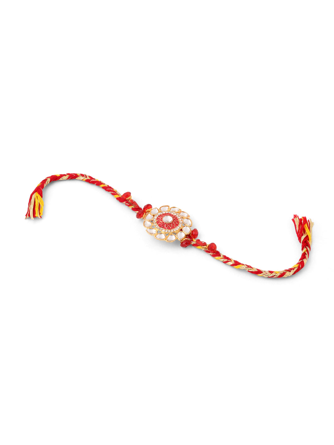 NVR Set of 2 Handmade Red Kundan Studded Floral Design Bhaiya Bhabhi Rakhi with Roli Chawal Chandan & Mishri | Swadesiicart