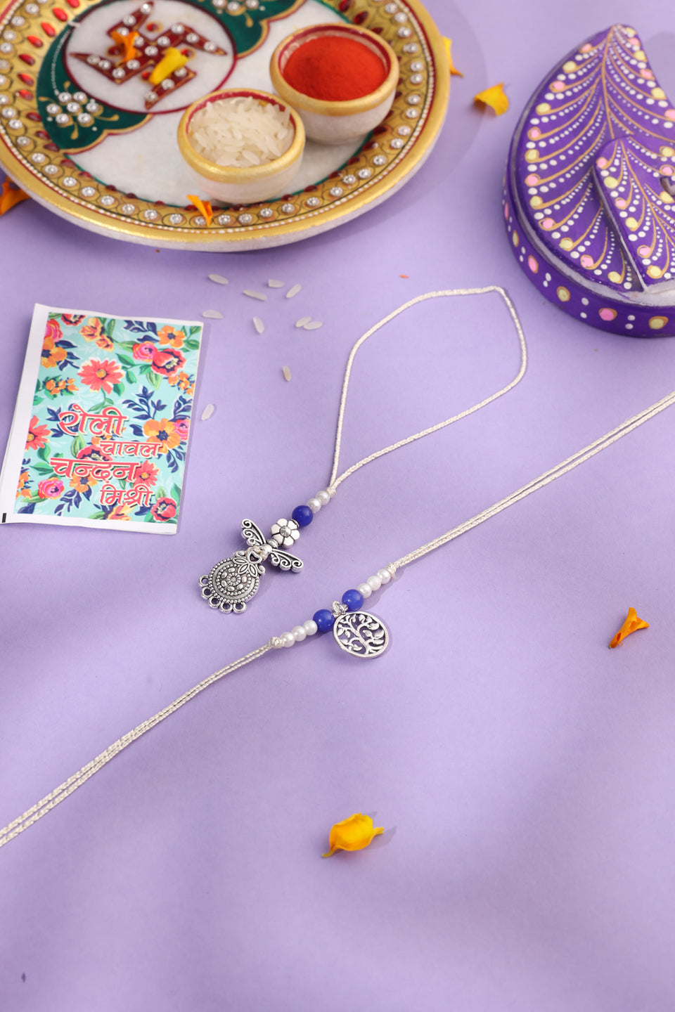 NVR Set of 2 Silver Toned Pearls & Beads Bhaiya Bhabhi Rakhi with Roli Chawal Chandan & Mishri | Swadesiicart