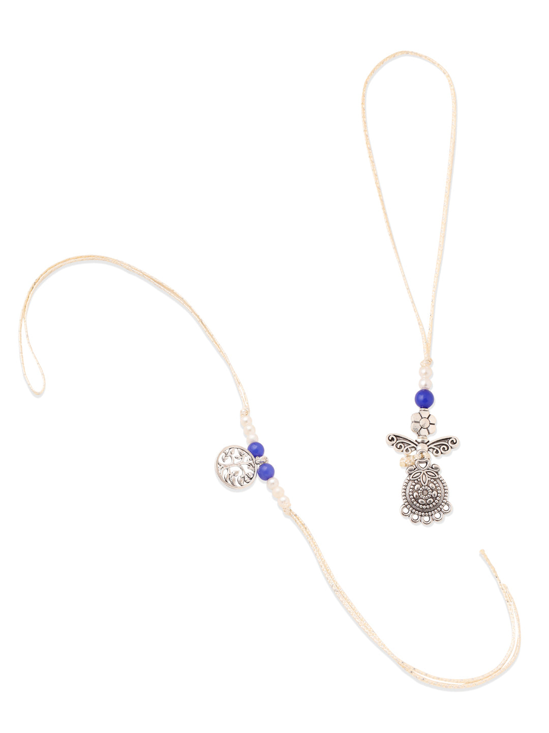 NVR Set of 2 Silver Toned Pearls & Beads Bhaiya Bhabhi Rakhi with Roli Chawal Chandan & Mishri | Swadesiicart