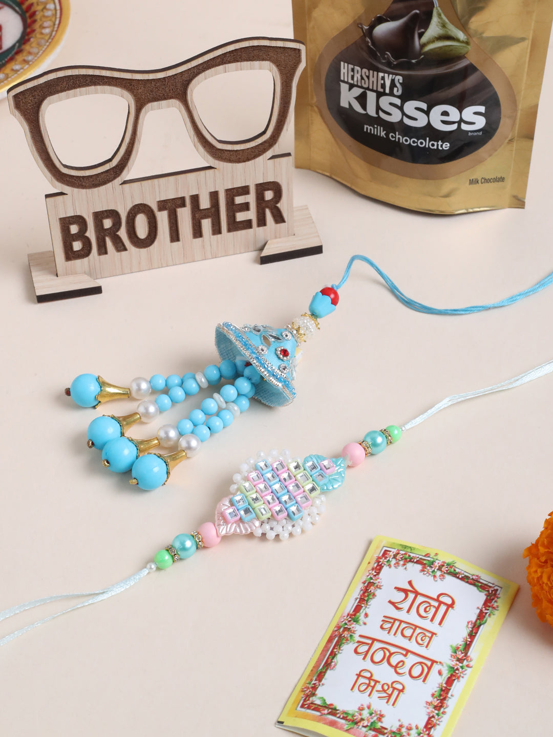 NVR Set of 2 Blue & Pink Artificial Stones & Beads Bhaiya Bhabhi Rakhi Combo | Swadesiicart