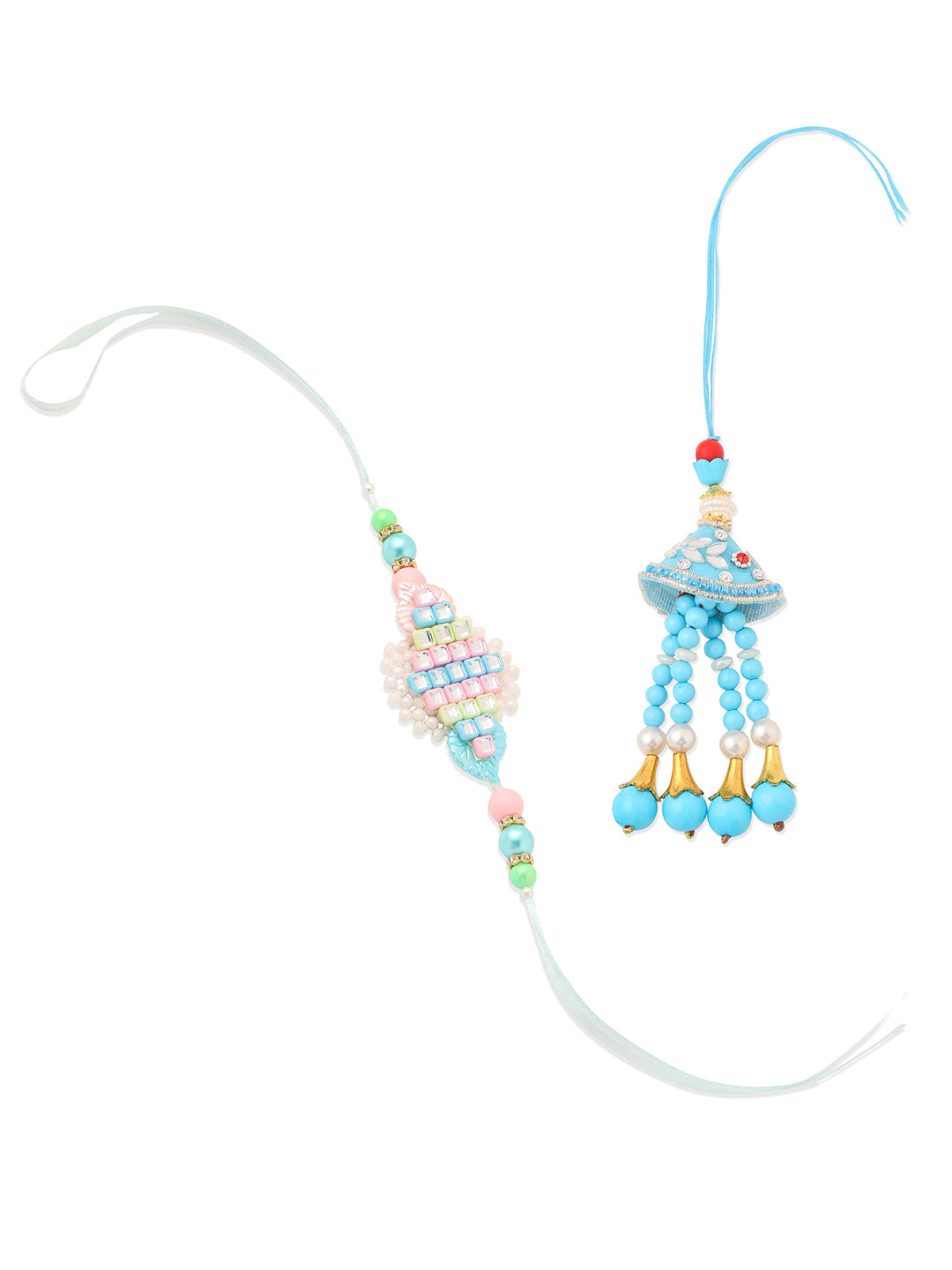 NVR Set of 2 Blue & Pink Artificial Stones & Beads Bhaiya Bhabhi Rakhi Combo | Swadesiicart