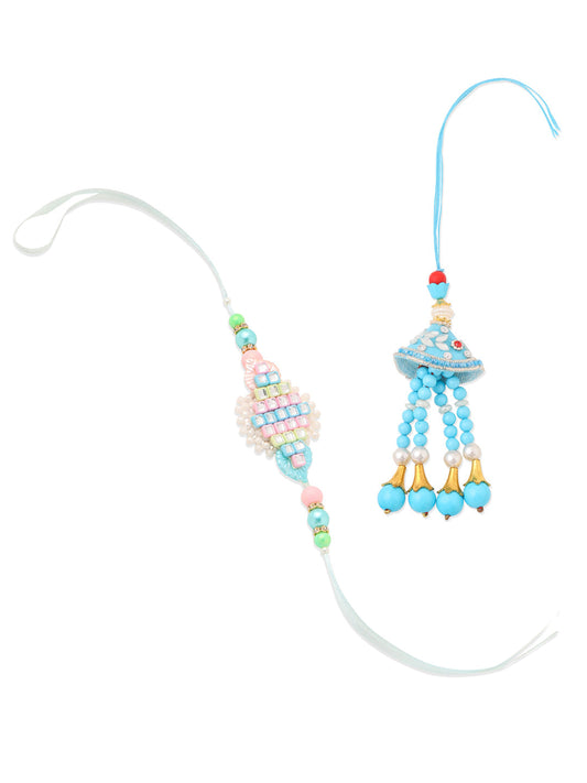 NVR Set of 2 Blue & Pink Artificial Stones & Beads Bhaiya Bhabhi Rakhi Combo | Swadesiicart