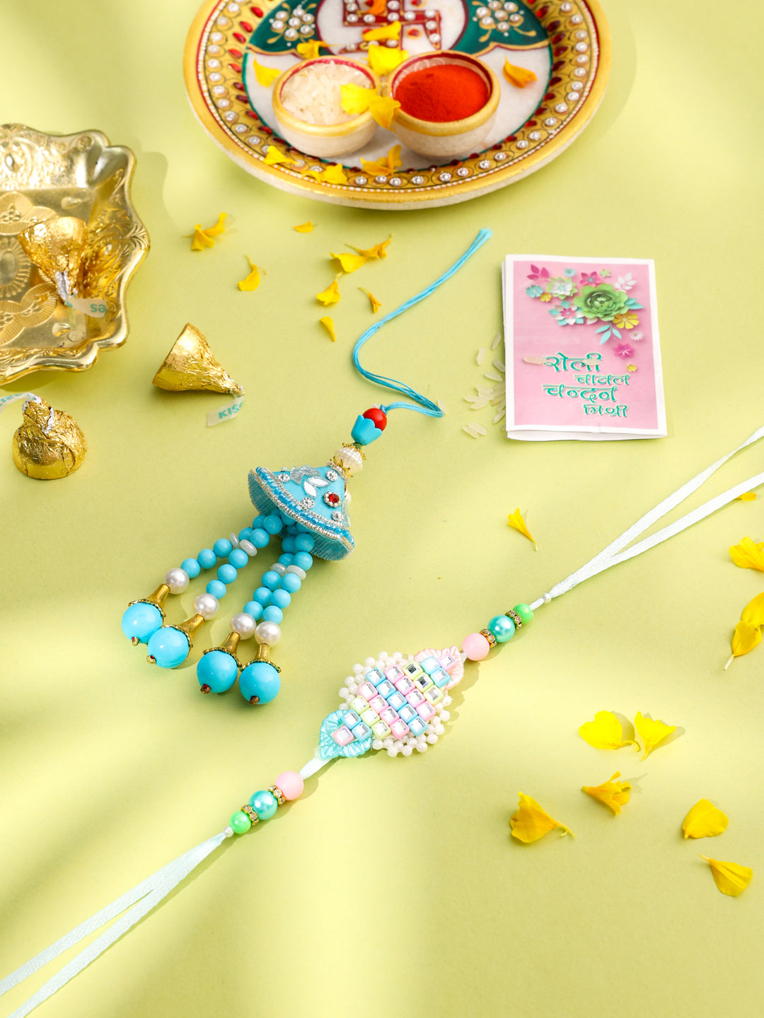NVR Set of 2 Blue & Pink Artificial Stones & Beads Bhaiya Bhabhi Rakhi with Roli Chawal Chandan & Mishri - Swadesiicart