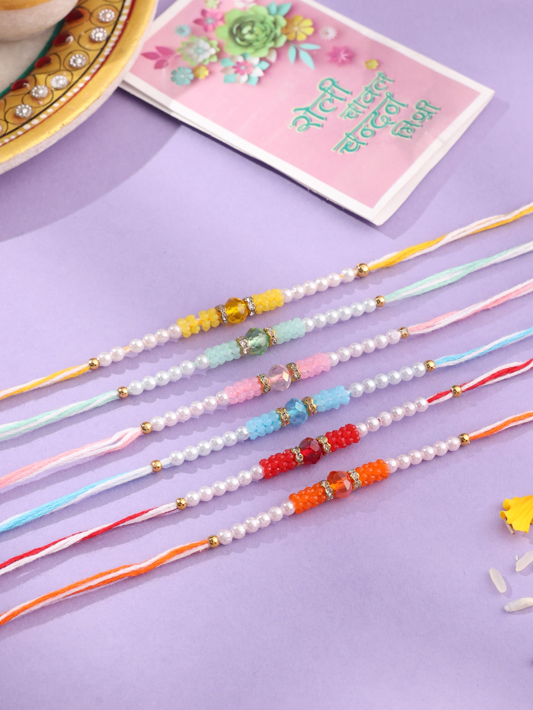 NVR Men Set of 6 Multicolor Artificial Stones & Pearls Rakhi with Roli Chawal Chandan & Mishri | Swadesiicart