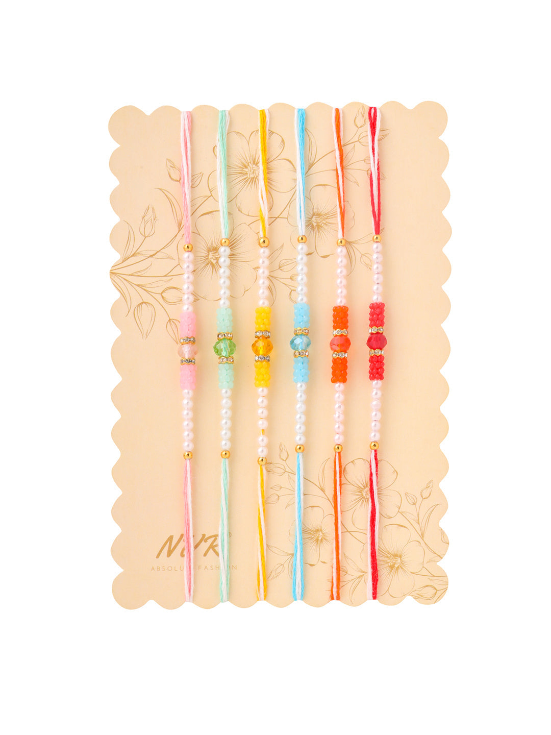 NVR Men Set of 6 Multicolor Artificial Stones & Pearls Rakhi with Roli Chawal Chandan & Mishri | Swadesiicart