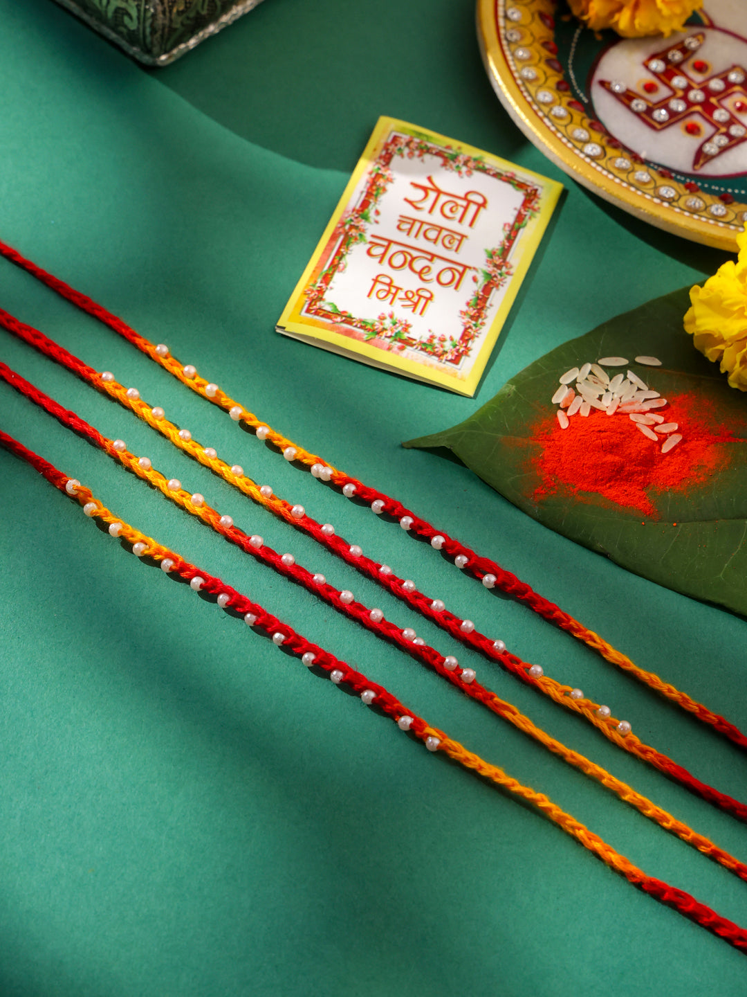 NVR Men Set of 4 Pearls Traditional Red Thread Rakhi with Roli Chawal Chandan & Mishri | Swadesiicart