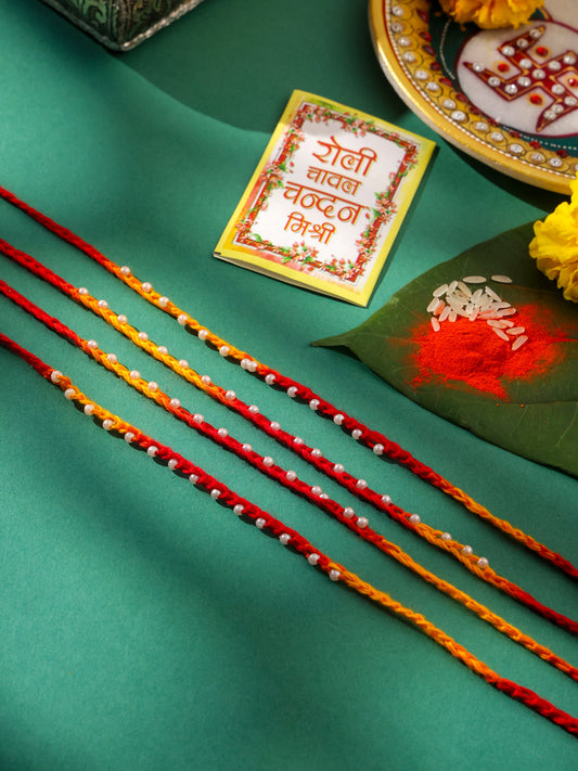 NVR Men Set of 4 Pearls Traditional Red Thread Rakhi with Roli Chawal Chandan & Mishri | Swadesiicart