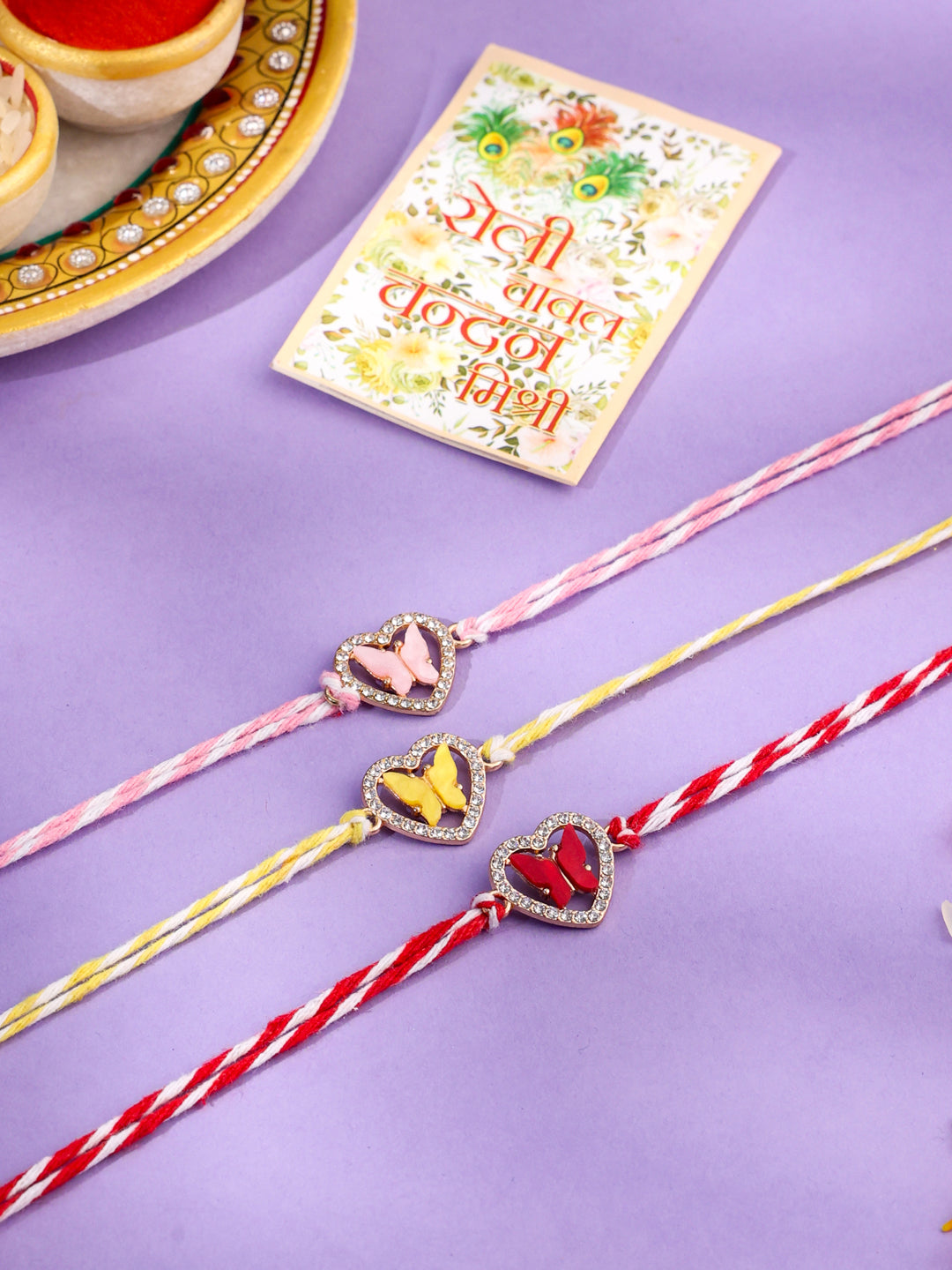 NVR Men Set of 3 Heart Shape Multicolor Artificial Stones Thread Rakhi with Roli Chawal Chandan & Mishri | Swadesiicart