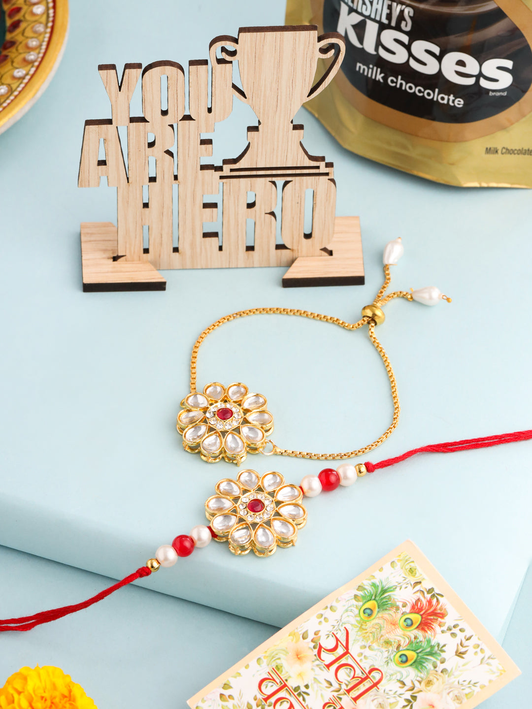 NVR Set of 2 Gold Toned Kundan Studded Floral Design Bhaiya Bhabhi Rakhi Combo | Swadesiicart