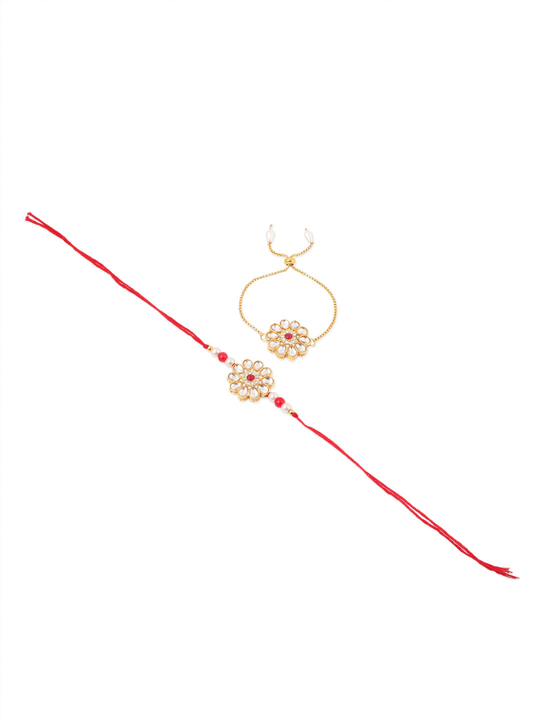 NVR Set of 2 Gold Toned Kundan Studded Floral Design Bhaiya Bhabhi Rakhi Combo | Swadesiicart