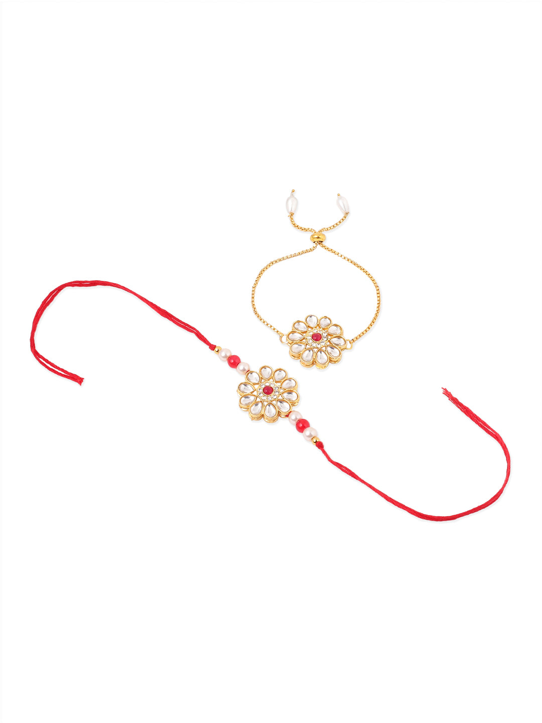 NVR Set of 2 Gold Toned Kundan Studded Floral Design Bhaiya Bhabhi Rakhi Combo | Swadesiicart
