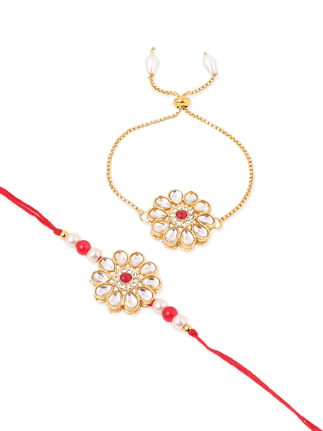 NVR Set of 2 Gold Toned Kundan Studded Floral Design Bhaiya Bhabhi Rakhi Set with Roli Chawal Chandan & Mishri | Swadesiicart