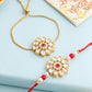 NVR Set of 2 Gold Toned Kundan Studded Floral Design Bhaiya Bhabhi Rakhi Set with Roli Chawal Chandan & Mishri | Swadesiicart