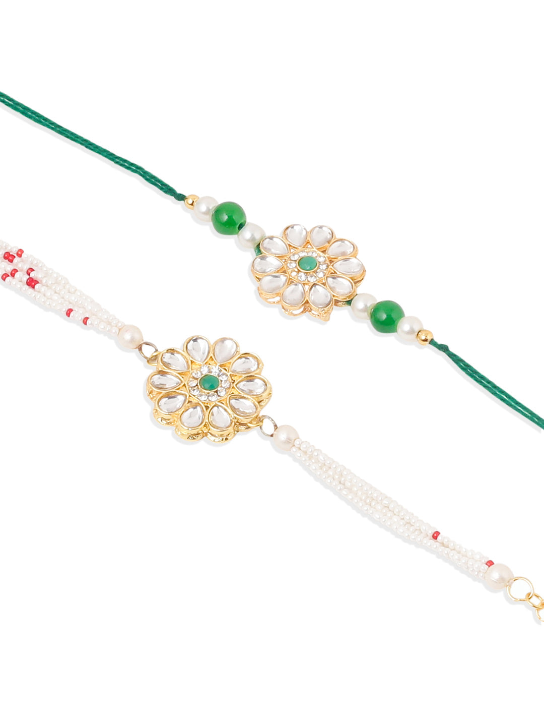 NVR Set of 2 Kundan Studded Floral Design Gold Toned Bhaiya Bhabhi Rakhi Set with Roli Chawal Chandan & Mishri - Swadesiicart