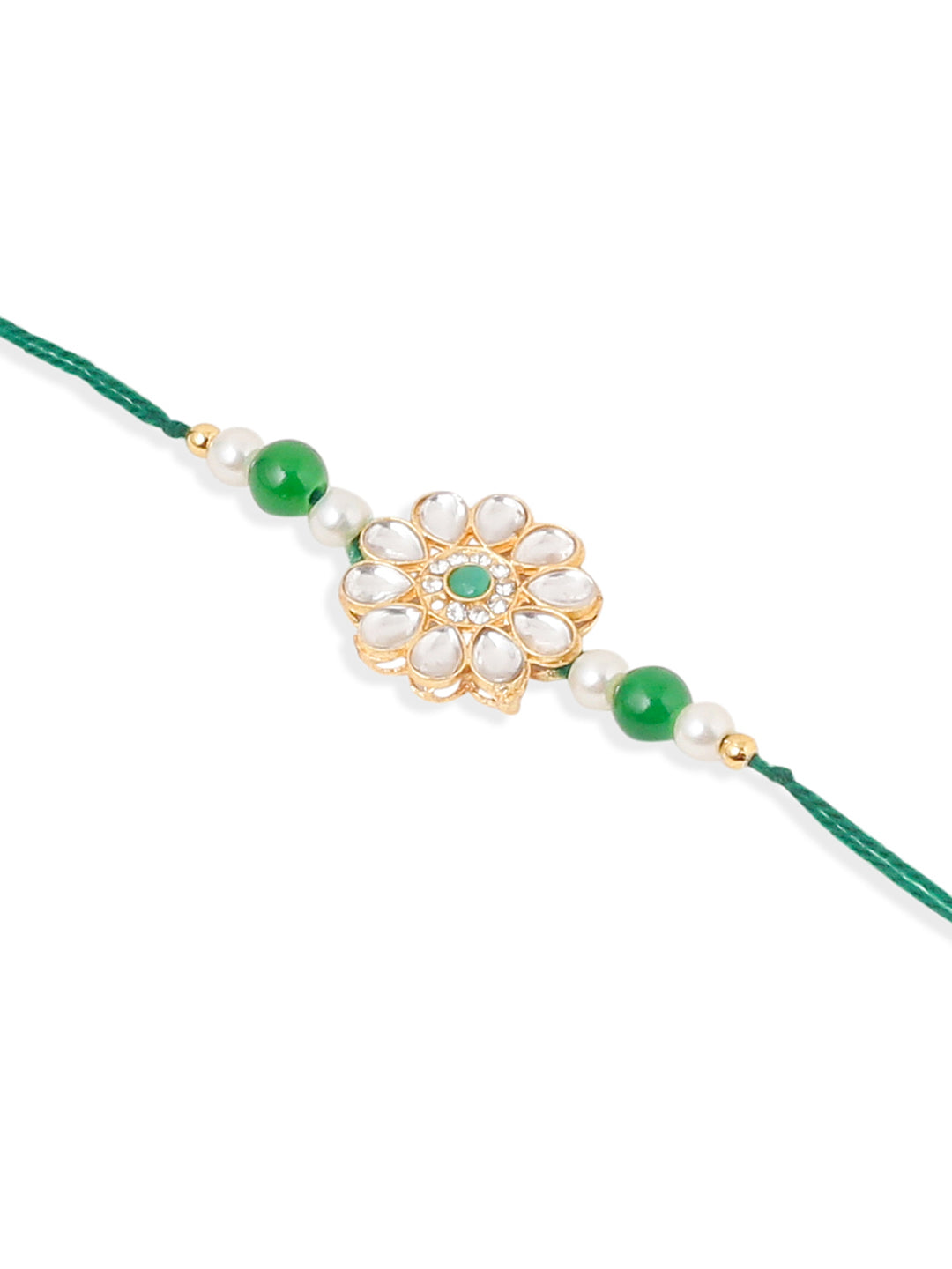 NVR Set of 2 Kundan Studded Floral Design Gold Toned Bhaiya Bhabhi Rakhi Set with Roli Chawal Chandan & Mishri - Swadesiicart