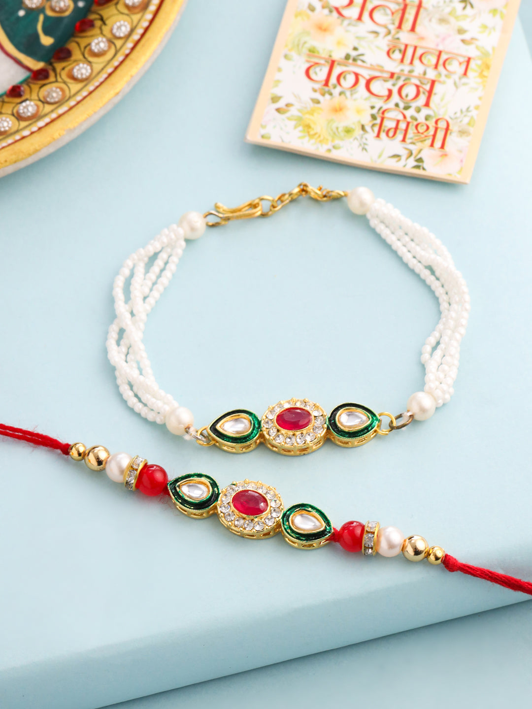 NVR Set of 2 Multicolor Oval Shape Kundan Studded & Beads Bhaiya Bhabhi Rakhi with Roli Chawal Chandan & Mishri | Swadesiicart