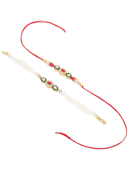 NVR Set of 2 Multicolor Oval Shape Kundan Studded & Beads Bhaiya Bhabhi Rakhi with Roli Chawal Chandan & Mishri | Swadesiicart