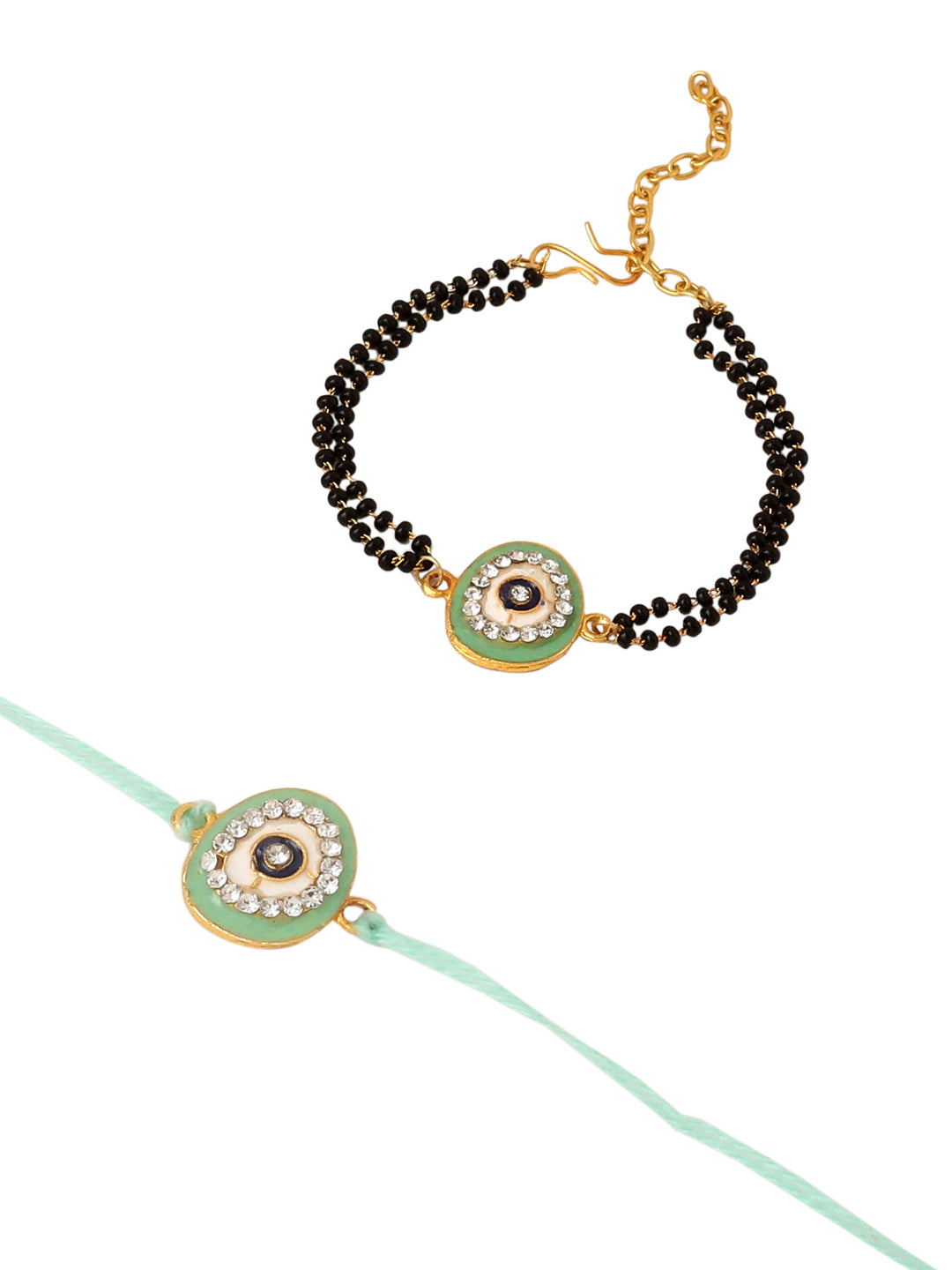NVR Set of 2 Green Round Shape Artificial Stones Bhaiya Bhabhi Rakhi with Roli Chawal Chandan & Mishri - Swadesiicart