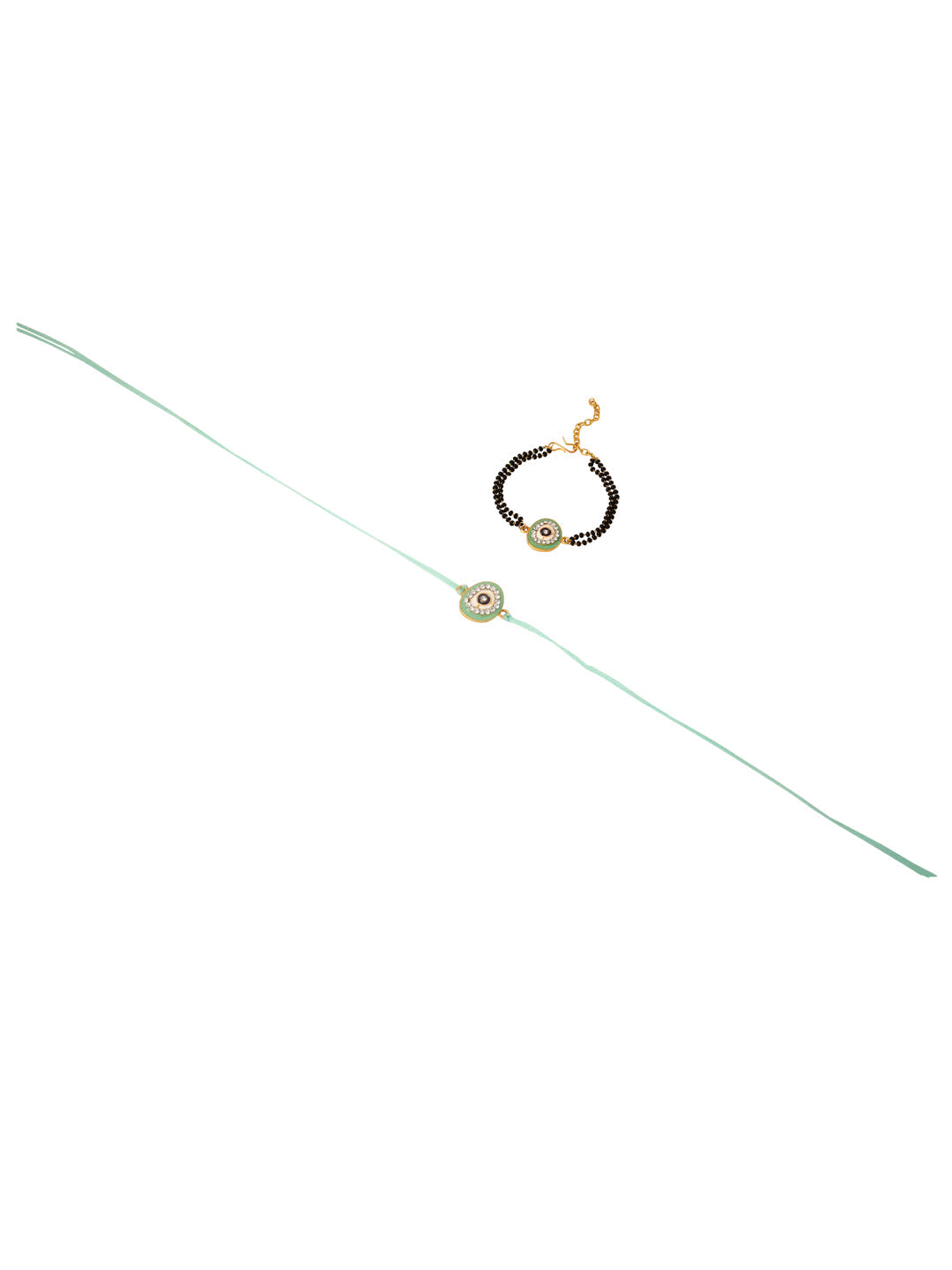 NVR Set of 2 Green Round Shape Artificial Stones Bhaiya Bhabhi Rakhi with Roli Chawal Chandan & Mishri - Swadesiicart