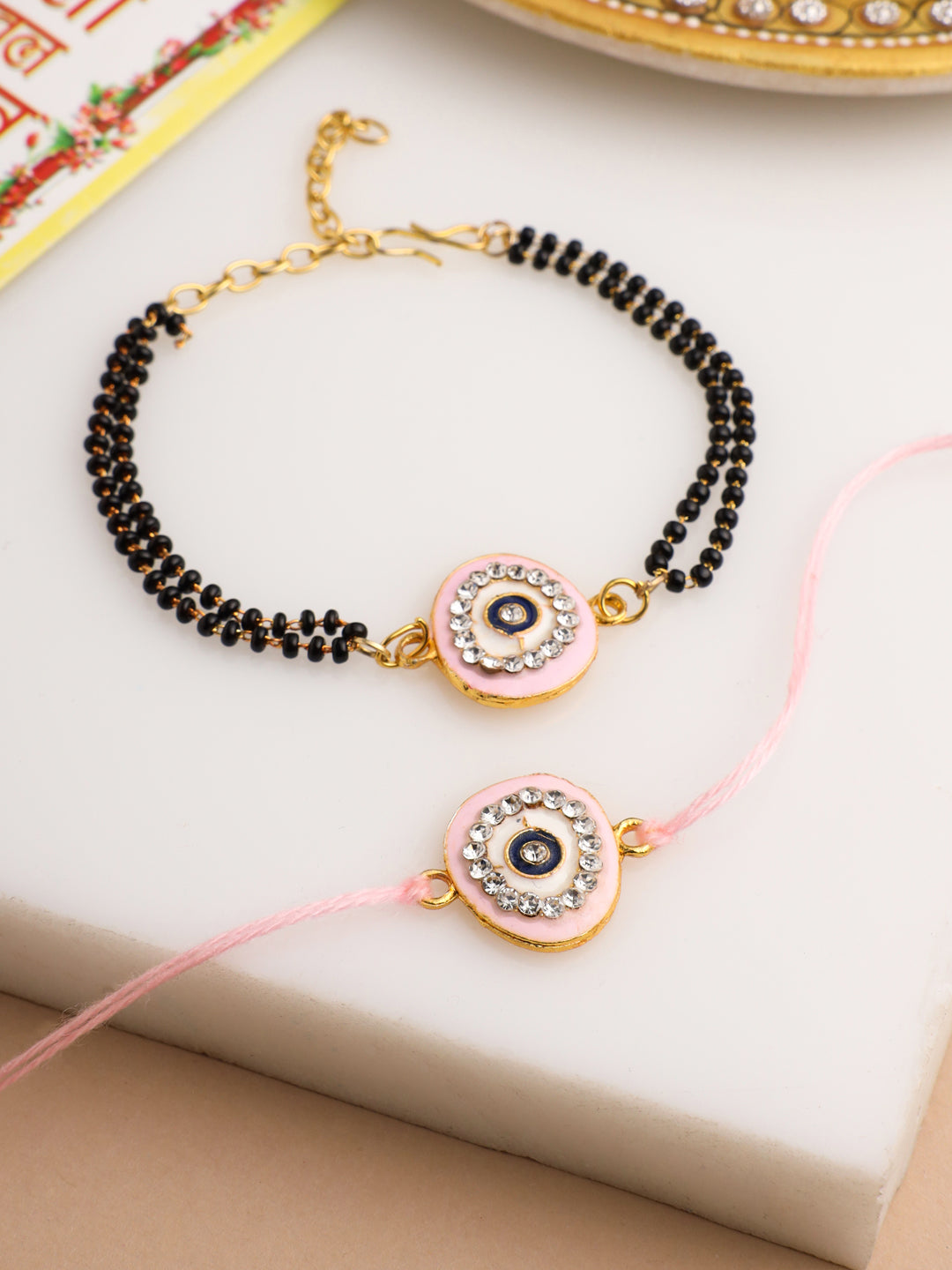 NVR Set of 2 Pink Round Shape Artificial Stones Bhaiya Bhabhi Rakhi with Roli Chawal Chandan & Mishri - Swadesiicart