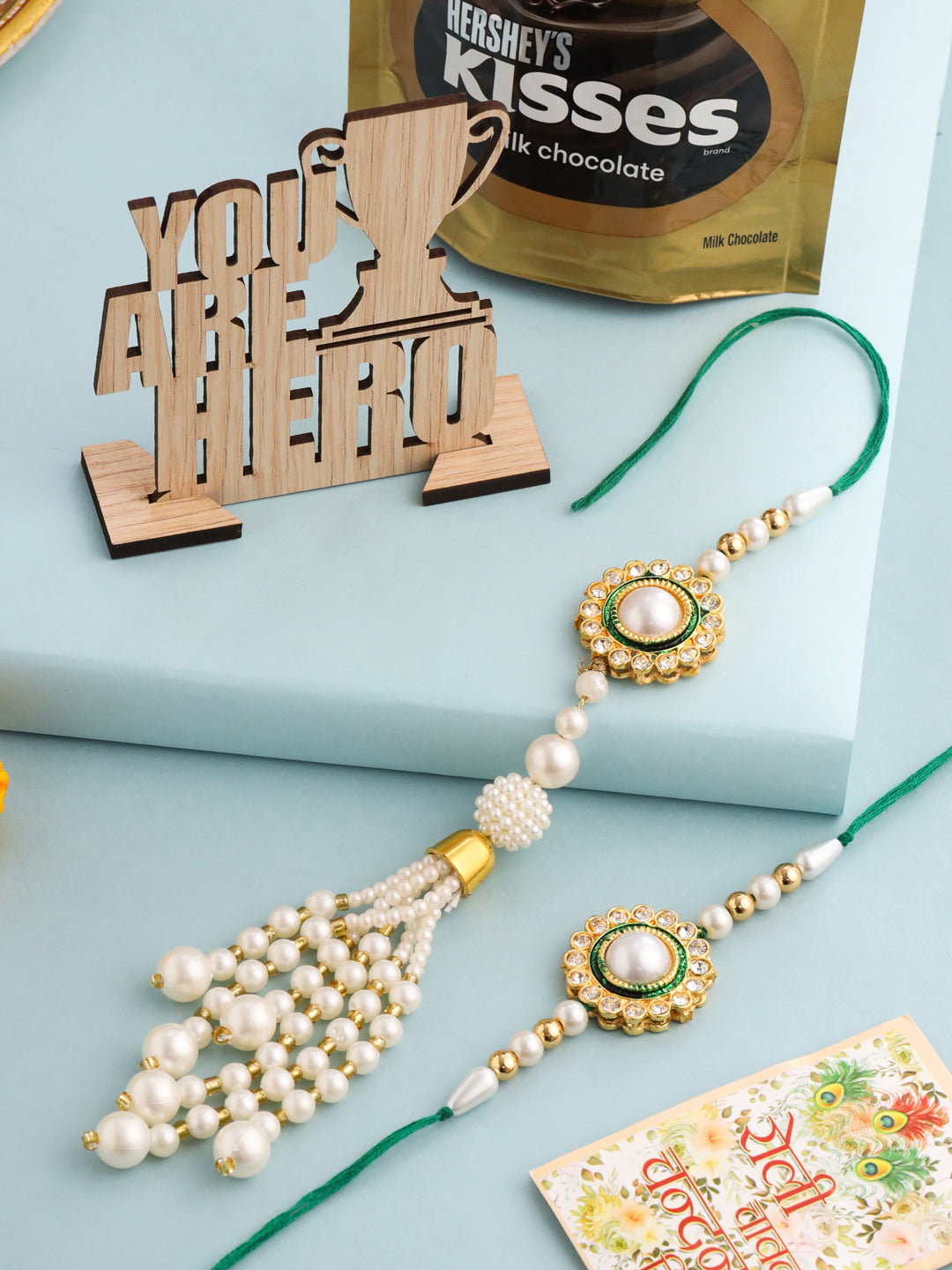 NVR Set of 2 White & Green Stone Studded Handcrafted Bhaiya Bhabhi Thread Rakhi Combo | Swadesiicart