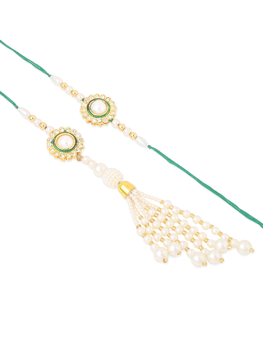 NVR Set of 2 White & Green Stone Studded Handcrafted Bhaiya Bhabhi Thread Rakhi Combo | Swadesiicart