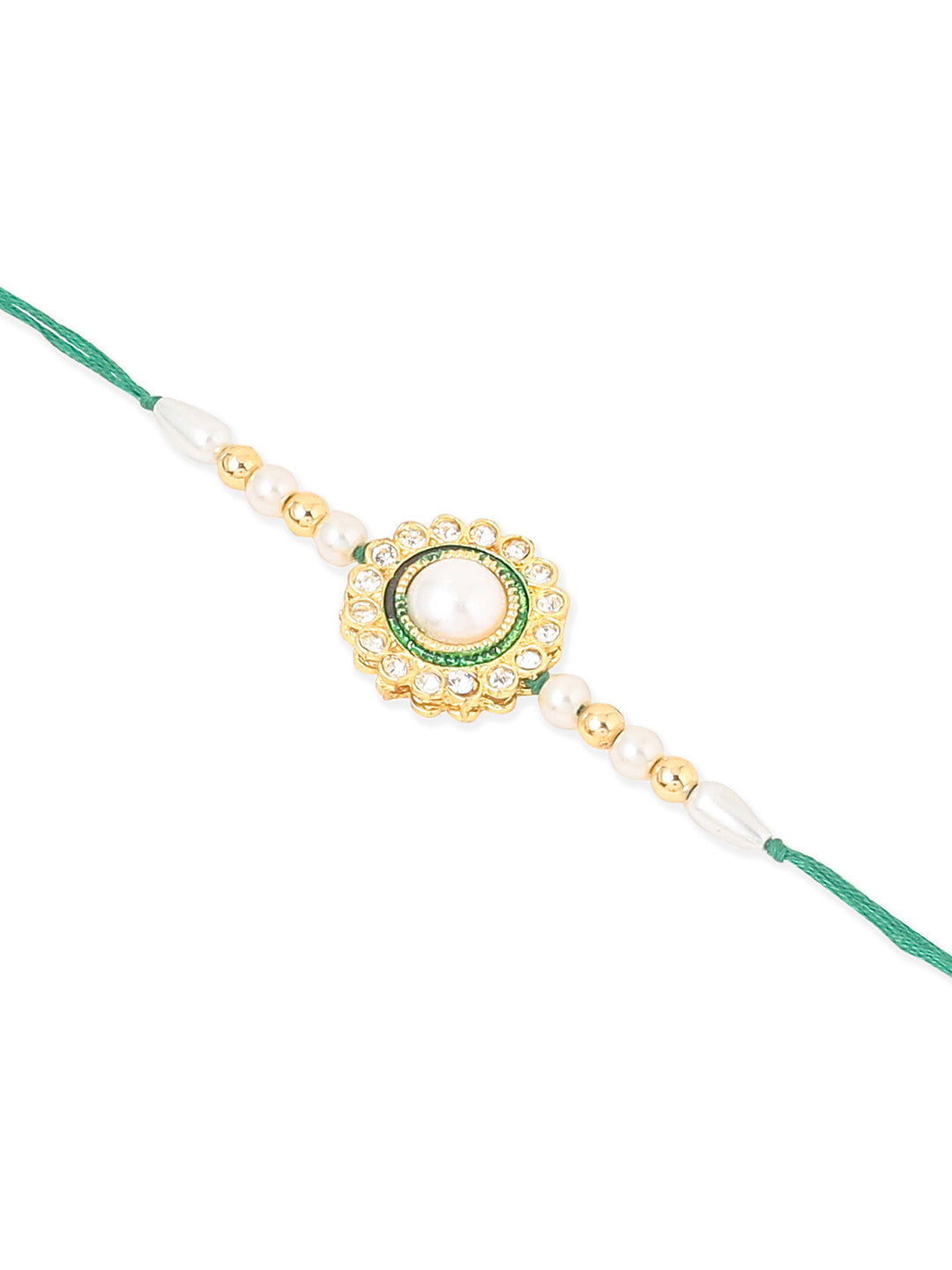 NVR Set of 2 White & Green Stone Studded Handcrafted Bhaiya Bhabhi Thread Rakhi Combo | Swadesiicart