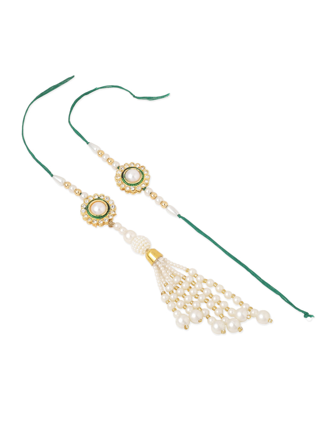 NVR Set of 2 White & Green Stone Studded Handcrafted Bhaiya Bhabhi Thread Rakhi Combo | Swadesiicart