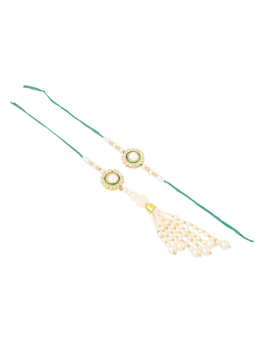 NVR Set of 2 White & Green Stone Studded Handcrafted Bhaiya Bhabhi Thread Rakhi Combo | Swadesiicart