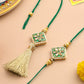 NVR Set of 2 Handmade Green Kundan Studded Bhaiya Bhabhi Rakhi Set with Roli Chawal Chandan & Mishri | Swadesiicart