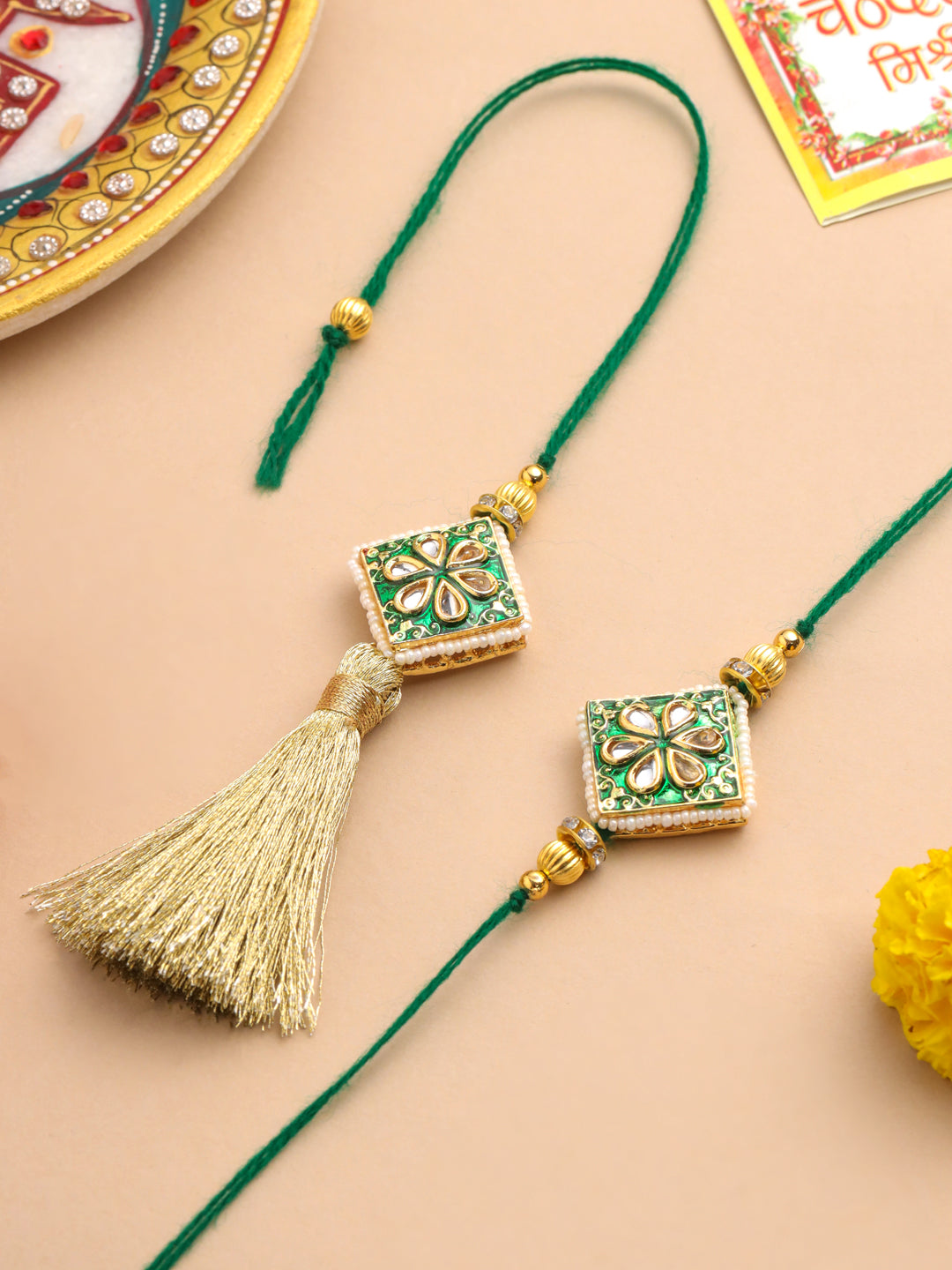 NVR Set of 2 Handmade Green Kundan Studded Bhaiya Bhabhi Rakhi Set with Roli Chawal Chandan & Mishri | Swadesiicart
