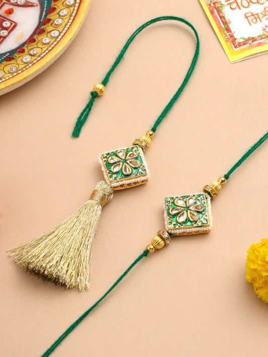 NVR Set of 2 Handmade Green Kundan Studded Bhaiya Bhabhi Rakhi Set with Roli Chawal Chandan & Mishri | Swadesiicart