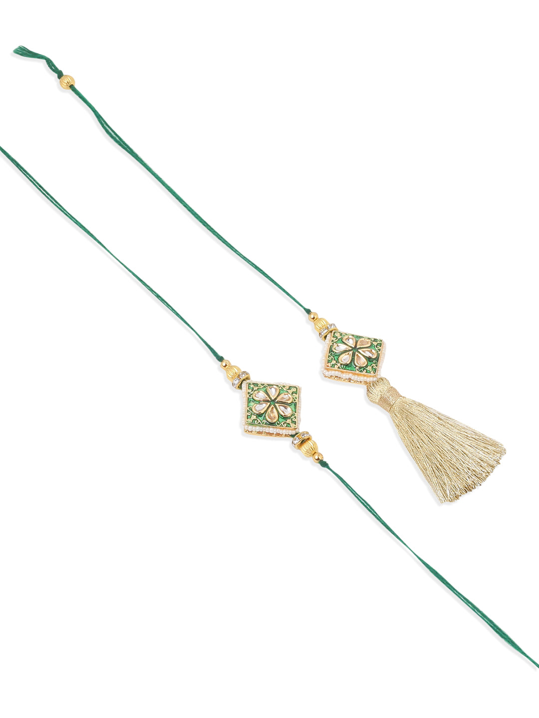 NVR Set of 2 Handmade Green Kundan Studded Bhaiya Bhabhi Rakhi Set with Roli Chawal Chandan & Mishri | Swadesiicart