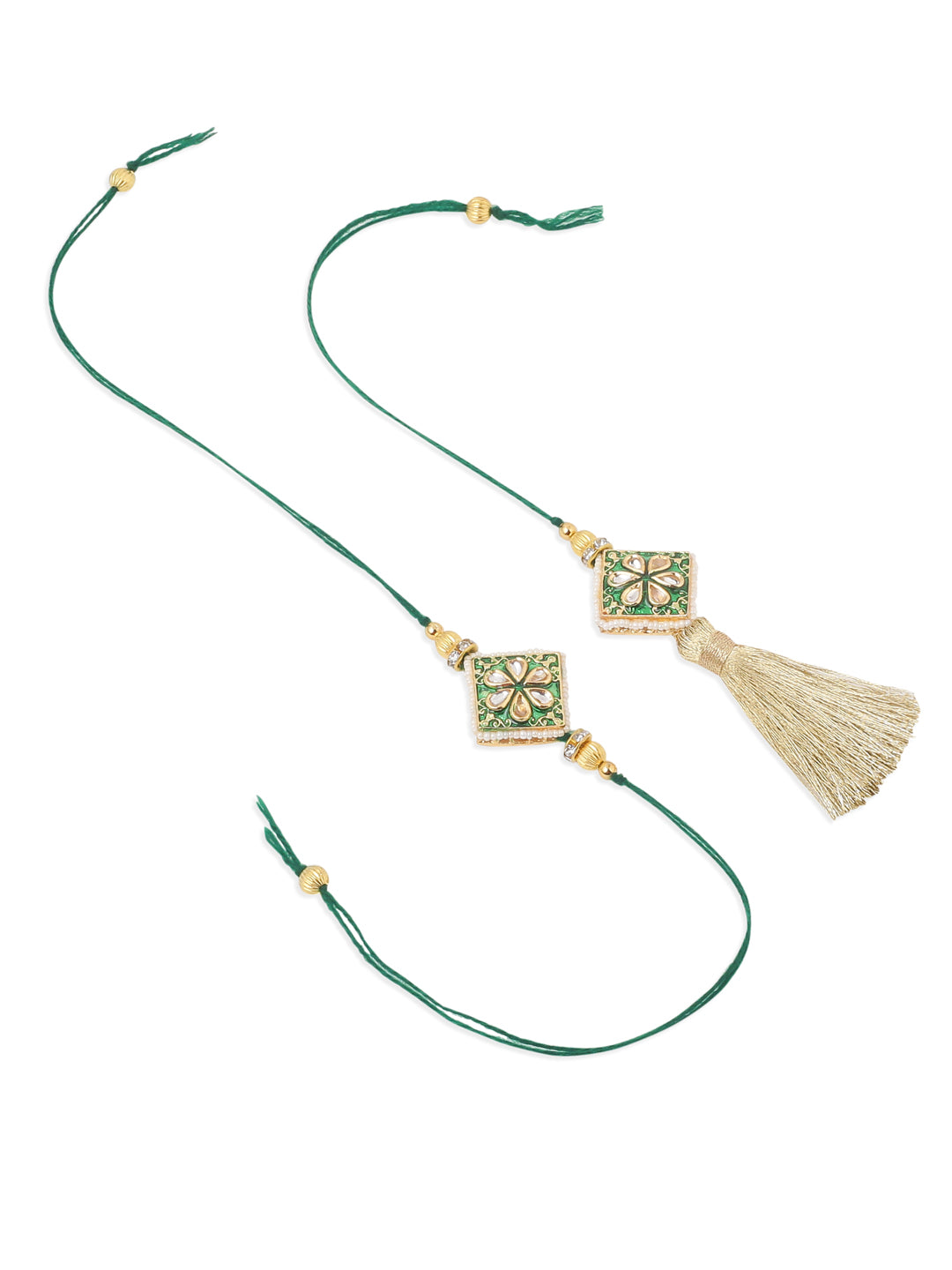 NVR Set of 2 Handmade Green Kundan Studded Bhaiya Bhabhi Rakhi Set with Roli Chawal Chandan & Mishri | Swadesiicart
