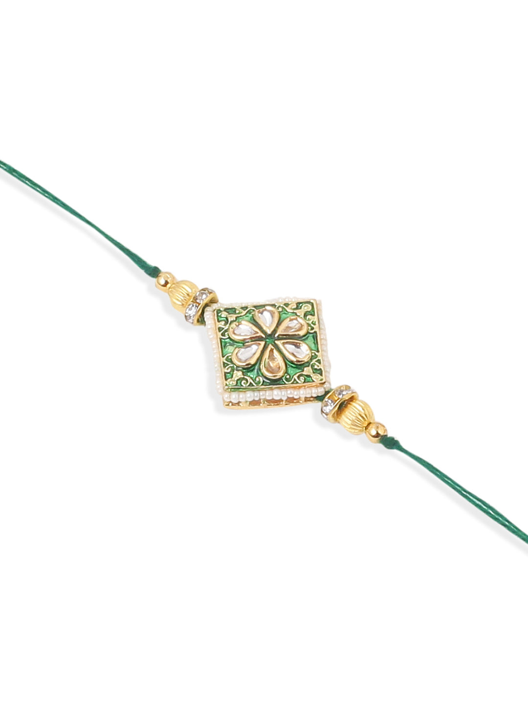 NVR Set of 2 Handmade Green Kundan Studded Bhaiya Bhabhi Rakhi Set with Roli Chawal Chandan & Mishri | Swadesiicart